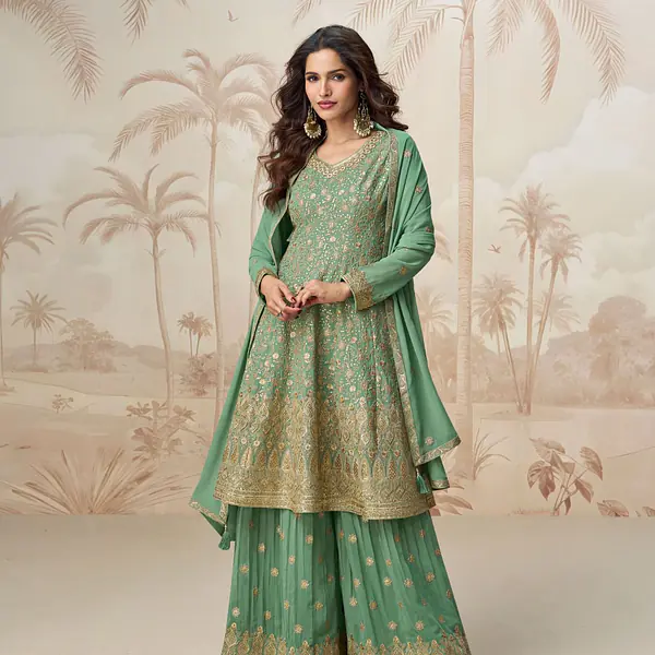 TealGrean Colored Peplum Style Palazzo Dress - Salwar Suite primary image