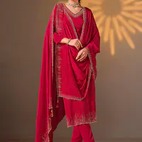 Satin Chiffon Hot Pink Party Wear Swarovski Work Straight Salwar Suit - Master