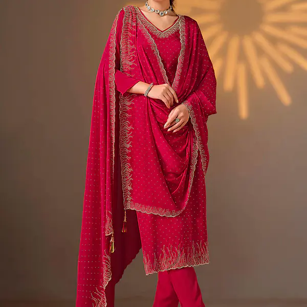 Satin Chiffon Hot Pink Party Wear Swarovski Work Straight Salwar Suit secondary image