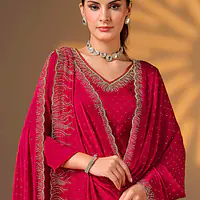 Satin Chiffon Hot Pink Party Wear Swarovski Work Straight Salwar Suit - Master