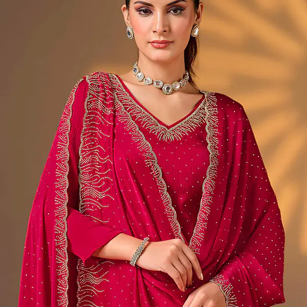 Satin Chiffon Hot Pink Party Wear Swarovski Work Straight Salwar Suit primary image