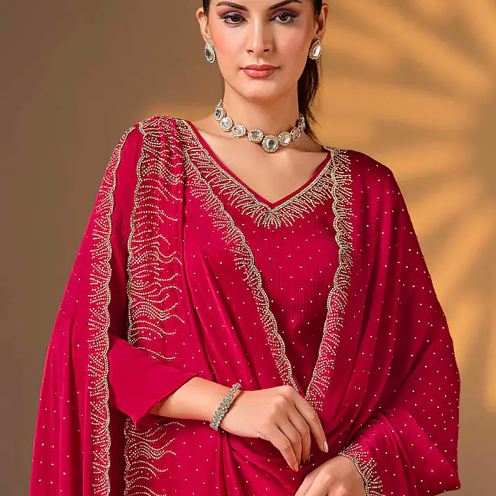 Satin Chiffon Hot Pink Party Wear Swarovski Work Straight Salwar Suit - Master