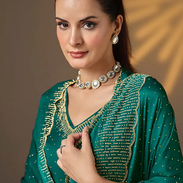 Satin Chiffon Morpeach Party Wear Swarovski Work Straight Salwar Suit primary image