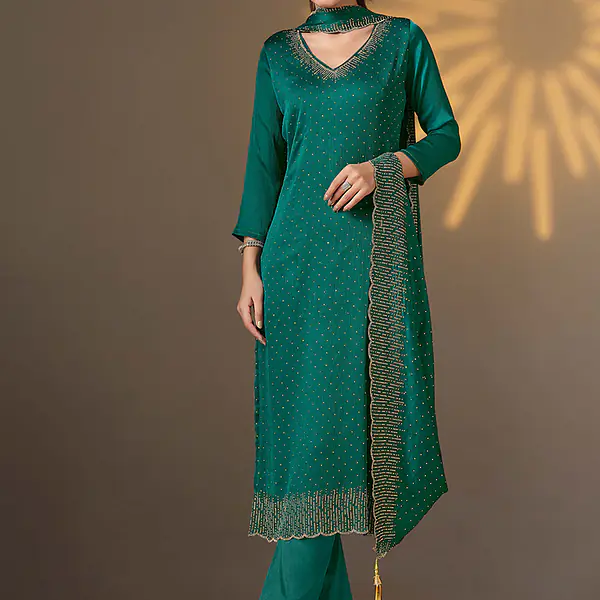 Satin Chiffon Morpeach Party Wear Swarovski Work Straight Salwar Suit secondary image