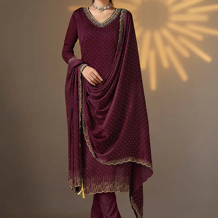 Satin Chiffon Wine Party Wear Swarovski Work Straight Salwar Suit - Master