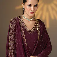 Satin Chiffon Wine Party Wear Swarovski Work Straight Salwar Suit - Master