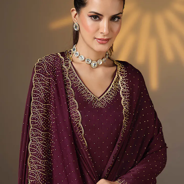 Satin Chiffon Wine Party Wear Swarovski Work Straight Salwar Suit - Master