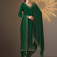 Satin Chiffon Bottle Green Party Wear Swarovski Work Straight Salwar Suit - Master