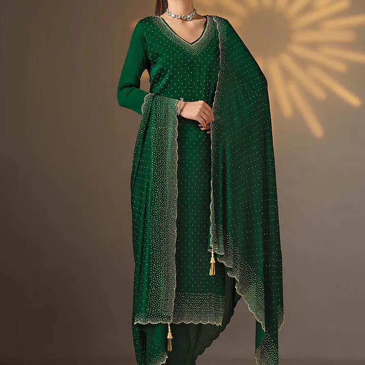 Satin Chiffon Bottle Green Party Wear Swarovski Work Straight Salwar Suit - Master