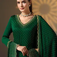 Satin Chiffon Bottle Green Party Wear Swarovski Work Straight Salwar Suit - Master