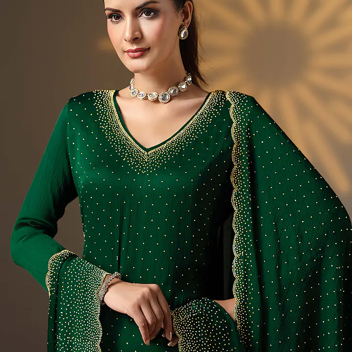 Satin Chiffon Bottle Green Party Wear Swarovski Work Straight Salwar Suit - Master