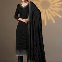 Satin Chiffon Black Party Wear Swarovski Work Straight Salwar Suit - Master