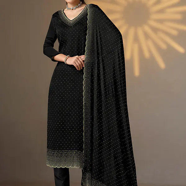Satin Chiffon Black Party Wear Swarovski Work Straight Salwar Suit primary image
