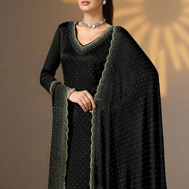 Satin Chiffon Black Party Wear Swarovski Work Straight Salwar Suit - Master