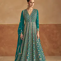 Turquoise Heavy Embroidered Festive Special Anarkali Gown Dress - Master