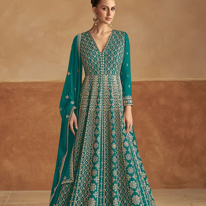 Turquoise Heavy Embroidered Festive Special Anarkali Gown Dress - Master