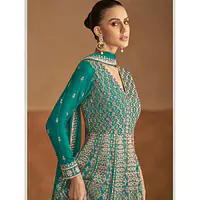 Turquoise Heavy Embroidered Festive Special Anarkali Gown Dress - Master