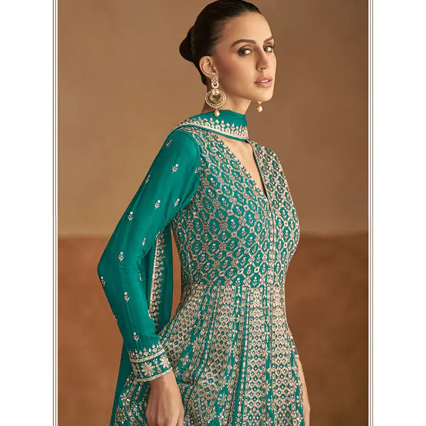 Turquoise Heavy Embroidered Festive Special Anarkali Gown Dress primary image